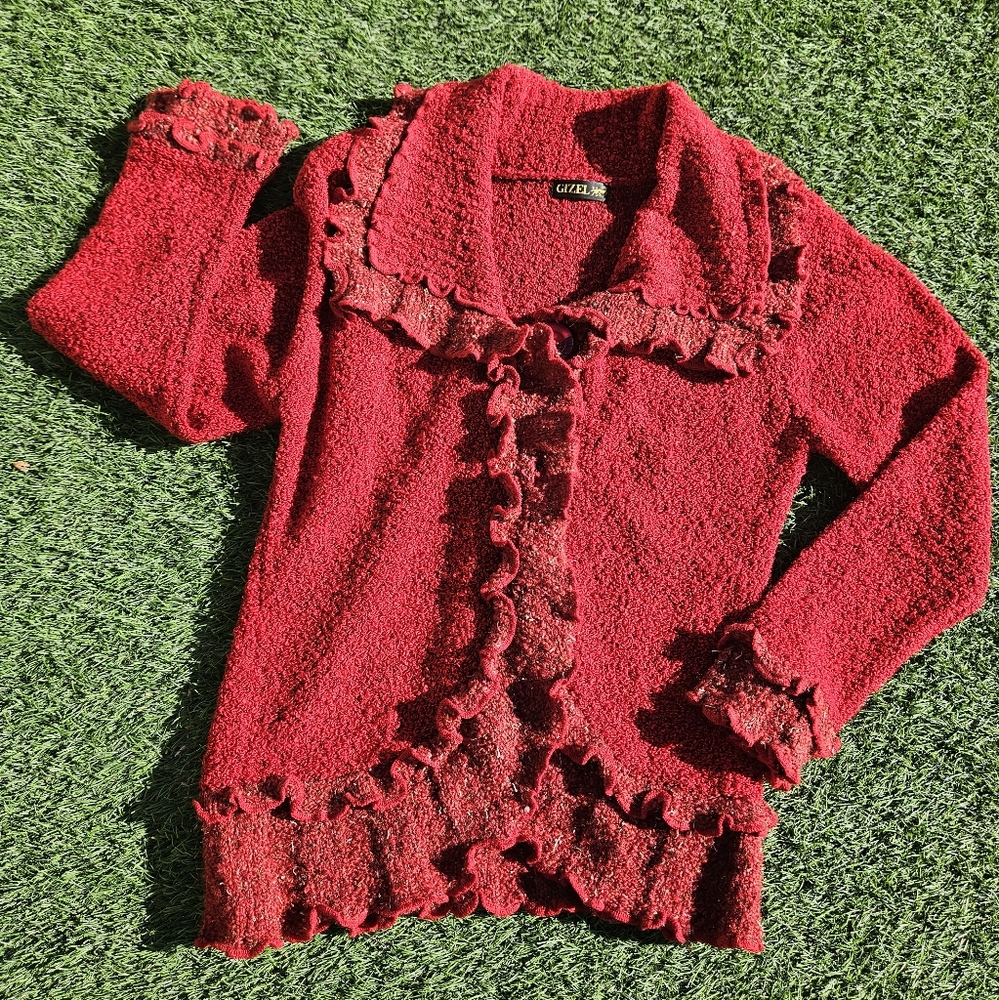 Gizel Sweater Cardigan Vintage Cardigan Red 1X Shoulder Pads 2-Button Closure